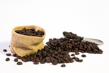 Coffee beans in a bag isolated on white background