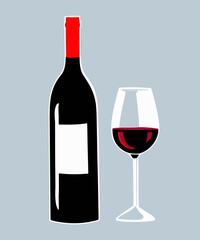 Vector illustration of a bottle and a glass of red wine on blue background