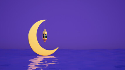 Obraz na płótnie Canvas Purple banner with moon and lantern for Muslim Holidays and Ramadan 3d rendering