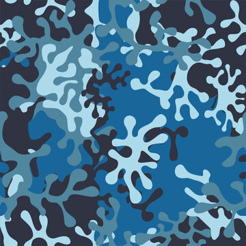 Urban sea camouflage print. Abstract seamless pattern. Disguise contours in nature environments. Stylish pattern for sports and tourist clothes. Classic blue-gray camo texture. Vector wallpaper 