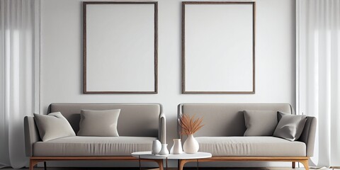 Two identical picture frame hanging on white wall, gray sofa, simple wooden frame. Modern style. Blank picture frame mockup on white wall. Minimalism concept. Generative AI