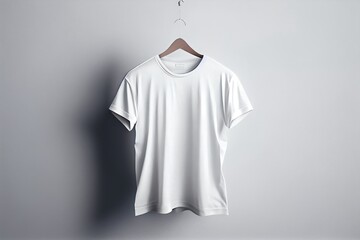 Hanging white T-Shirt mockup, product shot. Blank T-Shirt mockup on white wall. Generative AI