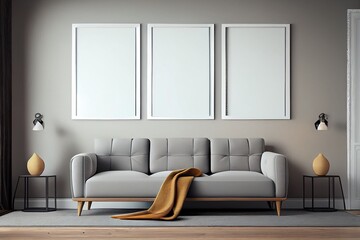 Three identical picture frame hanging on white wall, gray sofa, simple wooden frame. Modern style. Blank picture frame mockup on white wall. Minimalism concept. Generative AI
