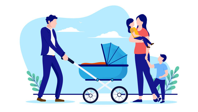 Family outdoors - Parents with kids and baby stroller taking a walk outdoors. Flat design vector illustration with white background
