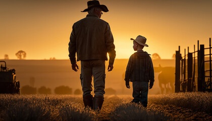 A farmer and his son in a sunset agricultural landscape - obrazy, fototapety, plakaty