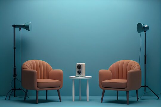 Room for recording podcasts, videos, interviews. One microphone and two armchairs. Turquoise background, central light, no others objects. Minimalistic design. Generative AI