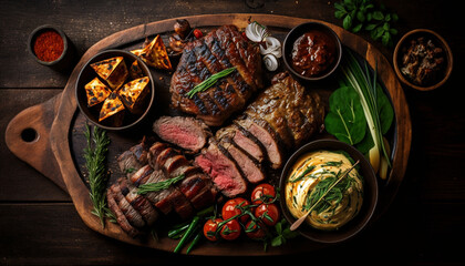 Assorted grilled meats, tasty barbecue appetizers with vegetables on a wooden board, top view