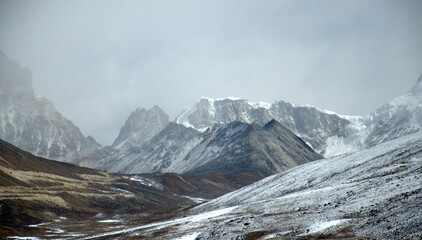 Lachung Sikkim India. Snow and glaciers cover. landscape photography. Snowy mountain range towers above base camp in the breathtaking Himalayas. View of windswept Himalayan Range