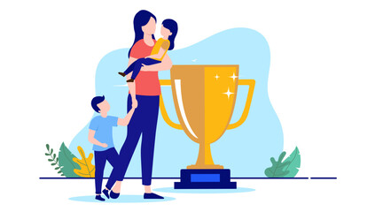 Best mother award - Mom with two kids being appreciated with big trophy. Great parenting concept, flat design vector illustration with white background