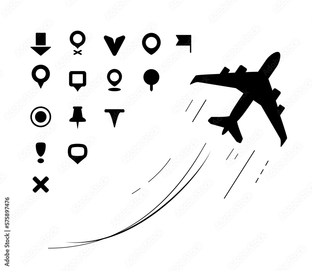 Poster Plane and pin map pointer icons collection for travel design elements