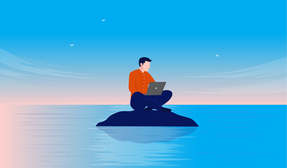 Work from anywhere - Man working remotely on laptop computer far away in peace and quiet on deserted island. Working alone concept, flat design vector illustration - obrazy, fototapety, plakaty