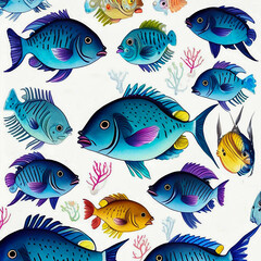 Fototapeta premium Sea fishes cartoon illustration. Tropical ocean reef or home aquarium exotic fishes, Created using generative AI tools. Generative AI, Generative, AI