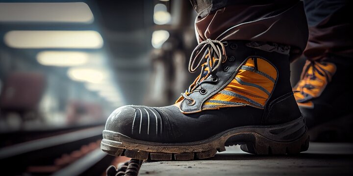 Close-up safety working shoe on a worker. Feet is standing at the factory, ready for working in danger workplace concept. Industrial working scene and safety shoe. Generative AI
