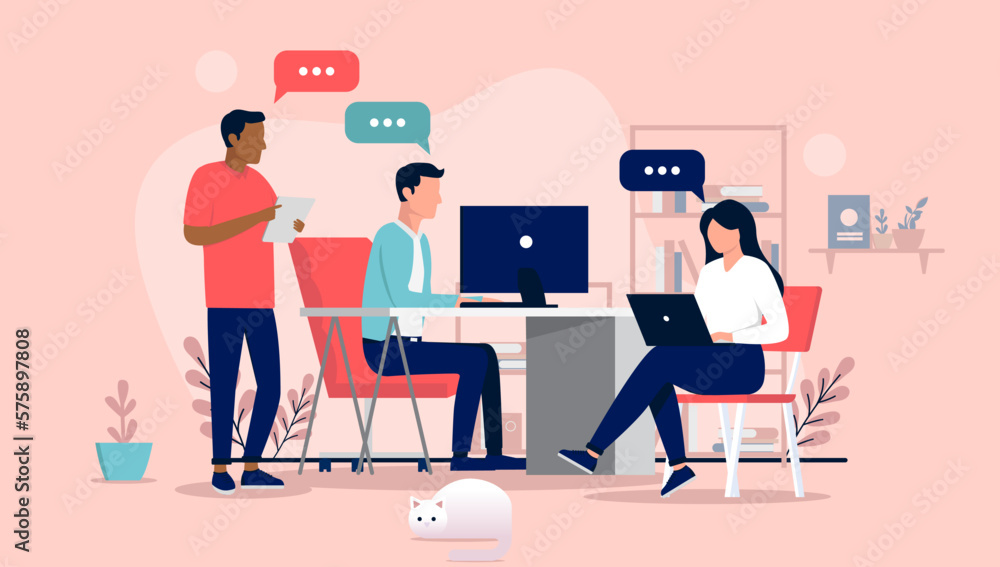 Leinwandbilder Working and talking in office - Team of people doing work while having conversation and dialogue at workplace. Flat design vector illustration