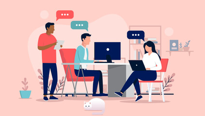 Working and talking in office - Team of people doing work while having conversation and dialogue at workplace. Flat design vector illustration