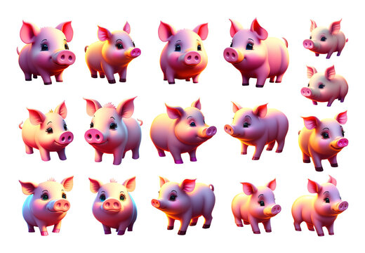 A set of cute little pigs. Generative AI. PNG transparent background.