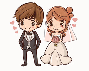 Cute cartoon wedding pictures. Bride and groom in love, the vector.