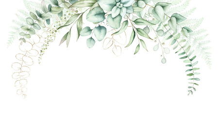 Watercolor floral border with green and gold leaves. - 575899033