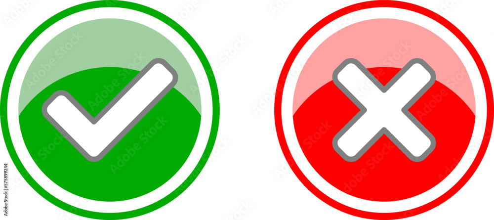Poster yes and no or right and wrong or approved and declined icons with check mark and x signs with 3d shi