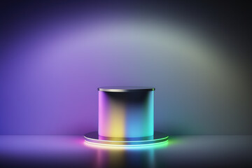 Realistic 3D cylinder with a colorful neon light podium for product display. Generative AI
