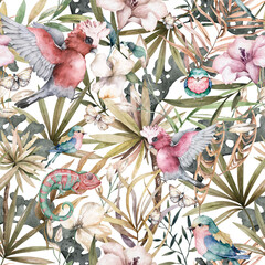 Tropical plants and animals seamless pattern. Parrots, birds, butterflies and lizard colored texture
