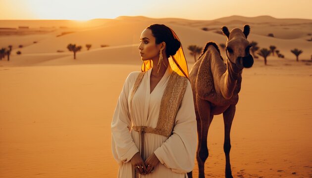 portrait of a middle eastern female model in Muslim clothes and a hijab or turban, Generative AI