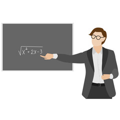 Mathematics teacher near the blackboard. Algebra example explained by a student.