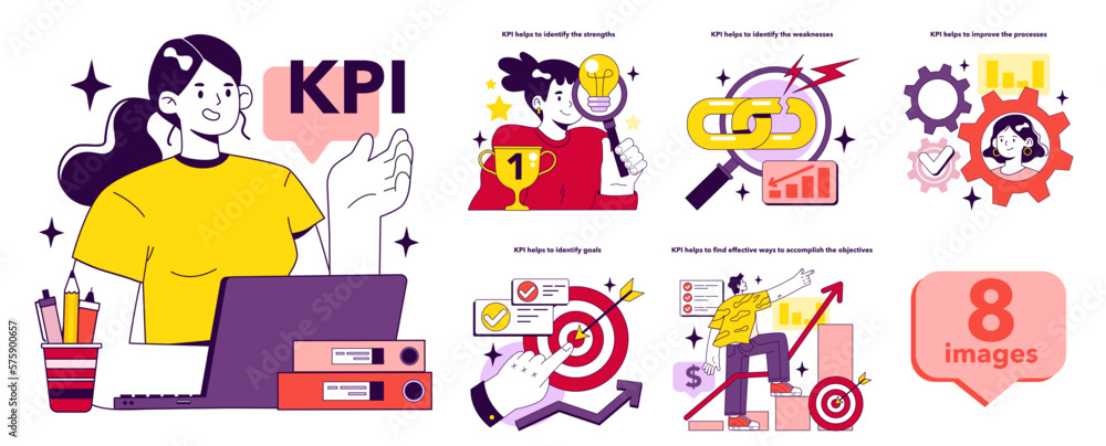 Poster key performance indicators implementation benefits set. kpi is an indicator