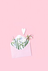 snowdrop flowers with heart in paper envelope on abstract pink background. spring season. romantic gentle nature image. hello spring, 8 march, Mother's day concept. flat lay. template for design