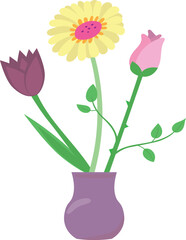 Colorful flower bouquet in vase. Vector illustration isolated on white background. Cartoon flat style.