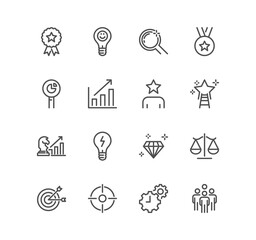 Set of core values related icons, growth, chart, innovation and linear variety symbols.	
