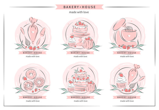 Bakery house logo. Set of design for pastry and bread shop. Planetary stationary dough mixer, kitchen tools and cakes and berries. Vector illustration
