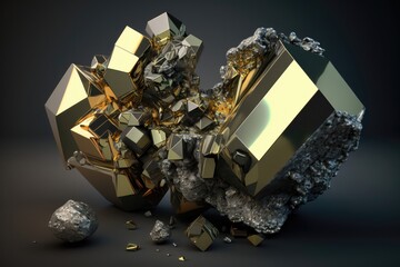 Pyrite or iron pyrite or fool's gold. Iron disulfide mineral. Generative AI