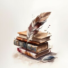 illustration of vintage book and feather. Generative AI - obrazy, fototapety, plakaty
