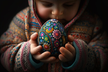 A close-up photograph of a young child holding a colorful Easter egg in their small hand, the intricate patterns on the egg perfectly captured in the high resolution image. AI