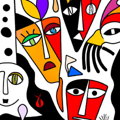 Abstract portrait faces collage and different elements of contemporary Pop Art style background – Generative AI Illustration