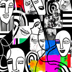 Abstract portrait faces collage and different elements of contemporary Pop Art style background – Generative AI Illustration