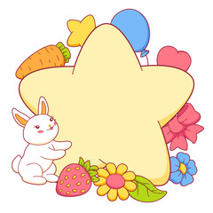Background with cute kawaii little bunnies. Funny characters and decorations in cartoon style.