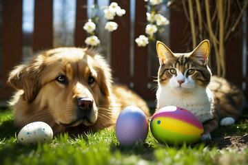 Cat and dog in backyard during an Easter egg hunt. it enthusiastically sniffs out colorful eggs hidden in the grass. The background include blooming springtime flowers and trees. AI