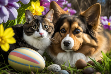 Fototapeta na wymiar Cat and dog in backyard during an Easter egg hunt. it enthusiastically sniffs out colorful eggs hidden in the grass. The background include blooming springtime flowers and trees. AI