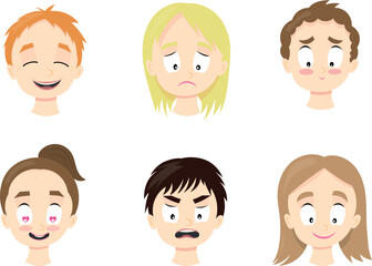 Cute kids emotions collection. Child different faces emotional expressions set. Poster for school, preschool, magazines, games. Faces of boys and girls. Vector illustration in cartoon flat style.