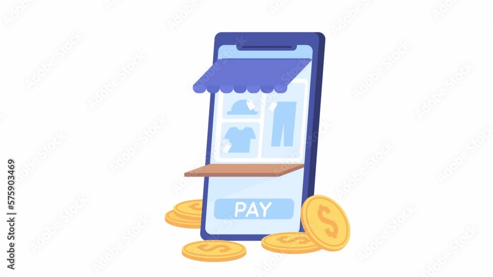 Poster animated mobile e-commerce. online marketplace. smartphone with scattered coins. 2d cartoon flat obj