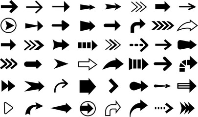 Black arrow cursor, slim indicator and directions signs. Reload icon, left right directionality elegant symbols. Isolated arrows decent vector collection