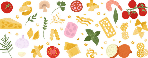 Italian pasta ingredients, mediterranean spaghetti cooking. Italy food doodles, fresh shrimps, tomatoes, cheese. Healthy cuisine decent vector set