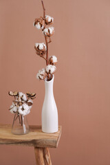 several branches with white cotton plant in white vase - autumn decoration on beige colored background,close up, negative space