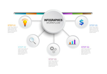 Circular infographic element for business workflow presentation with 5 step icons on business timeline.