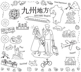 Fototapeta na wymiar 日本の九州地方の夏の名物観光を楽しむ三人家族、アイコンのセット（線画白黒）