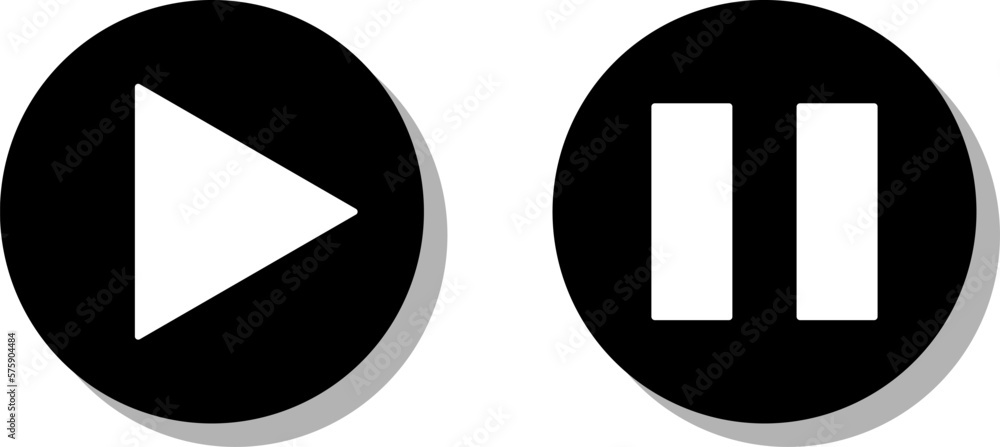 Poster play stop or start pause icon set of black and white round button symbols with 3d shadow effect. vec