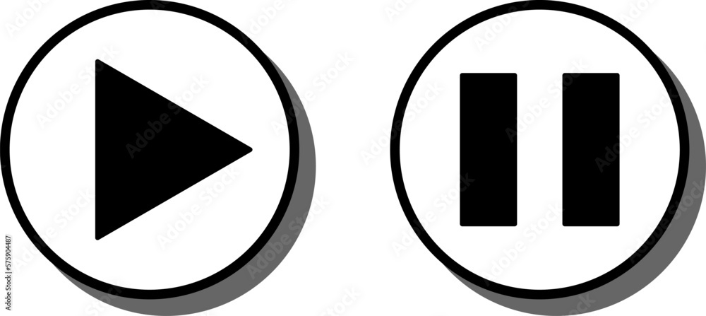 Poster play stop or start pause icon set of black and white round button symbols with 3d shadow effect. vec