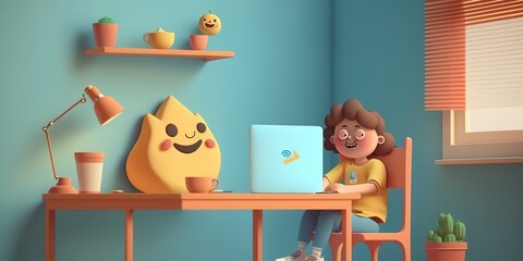 cartoon image of the Boy at the computer, in pastel colors, generative AI